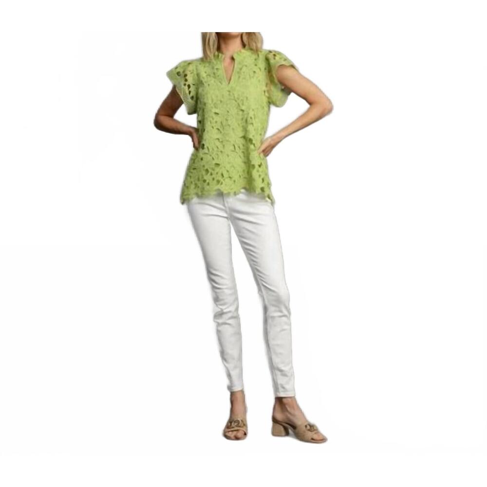 NEW STYLE USA lace split neck top in green